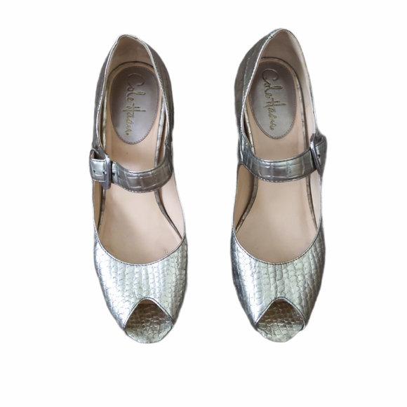 Cole Haan Gold Croc Print Wedge Mary Jane Open Toe - Picture 3 of 8